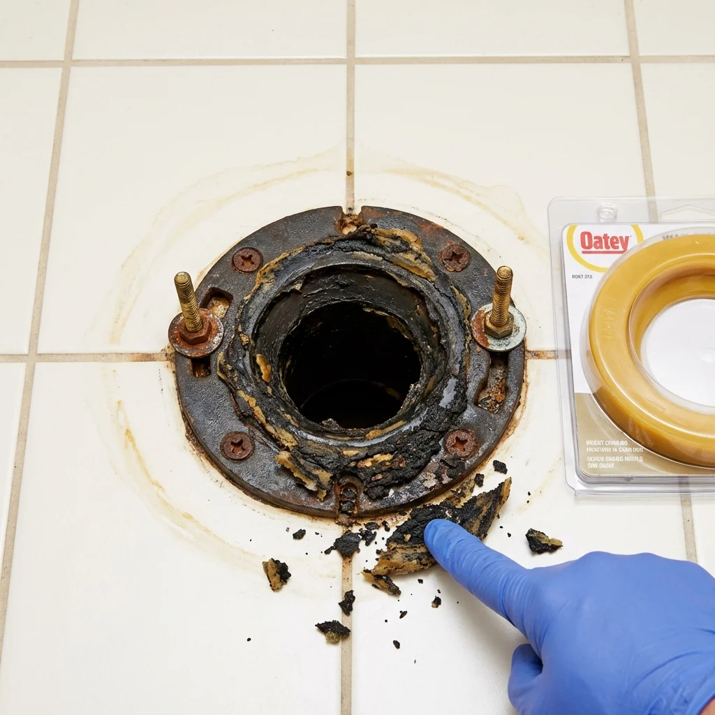 Failed wax ring showing water seepage at the base of a toilet in a Elberton, GA home