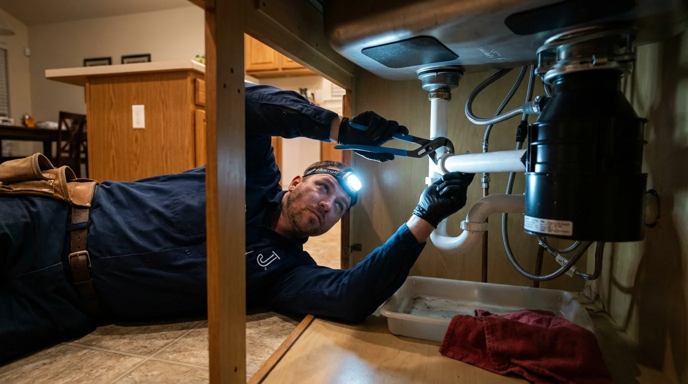 P-trap and supply line connections under a kitchen sink showing a common leak point in Elberton, GA